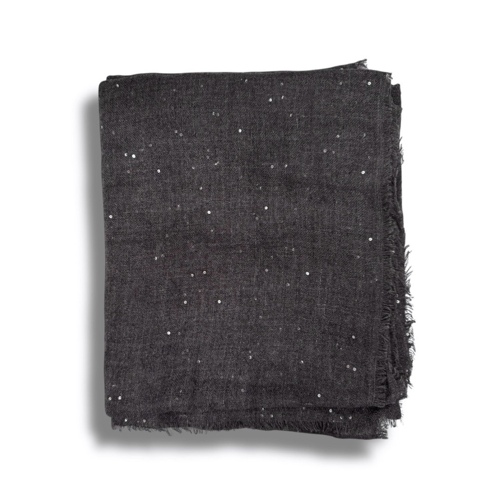 🆕💕Venetta Cashmere Scarf Sheer Sequins & Frayed Edges • DRK GREY • UNISEX • NWOT - Picture 2 of 5